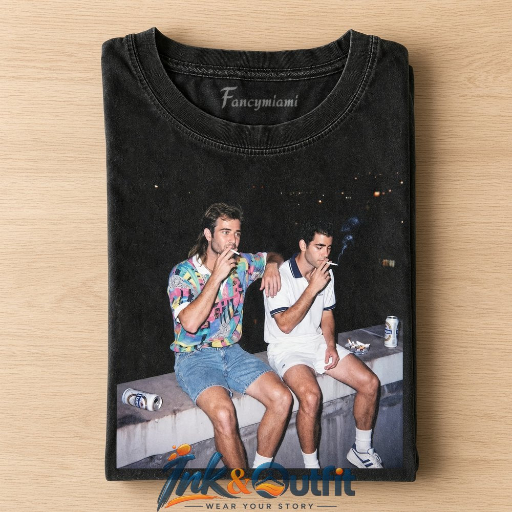 Andre Agassi x Pete Sampras Sitting Smoking Drinking T-Shirt Vintage Tennis Night Photo Graphic Tee
