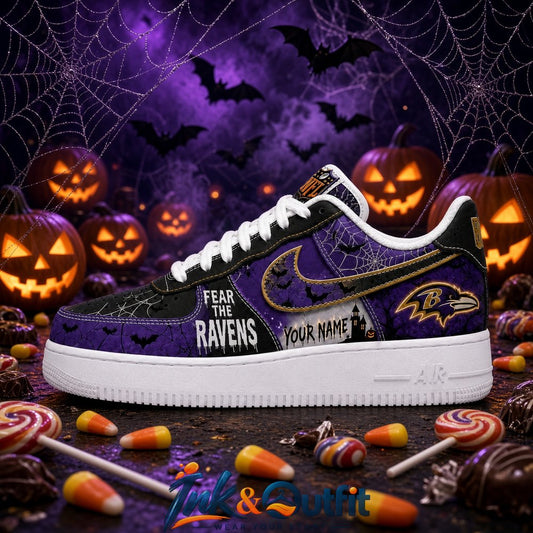 Custom Baltimore Ravens Fear The Ravens Halloween Sneakers Personalized Name NFL Fan Shoes