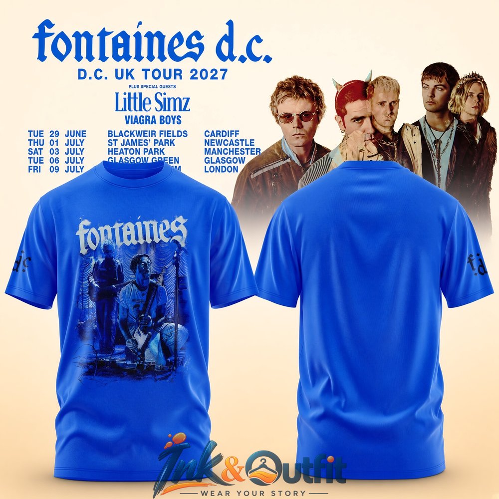 Fontaines DC UK Tour 2027 Blue Concert Photo Graphic T Shirt Little Simz Viagra Boys Tour Tee