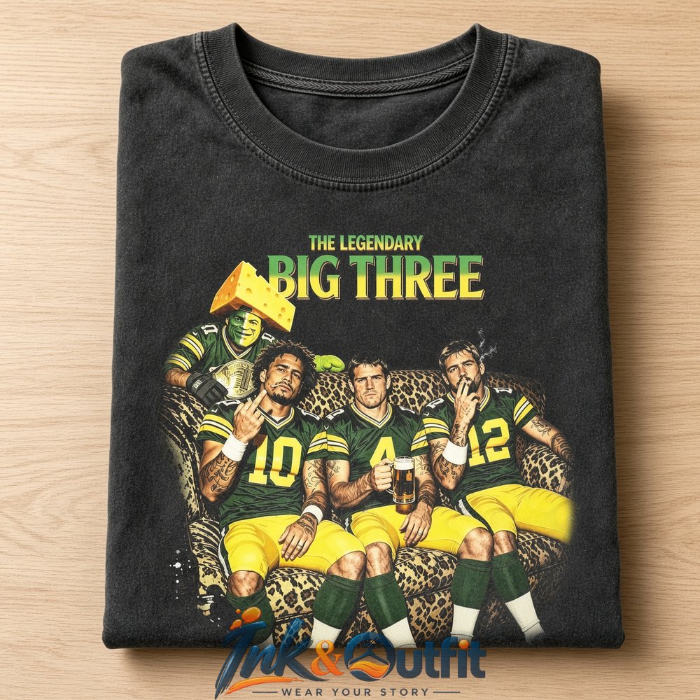 Green Bay Packers x Jordan Love x Brett Favre x Aaron Rodgers Smoking Drinking Middle Finger Tee The Legendary Big Three Graphic T-Shirt