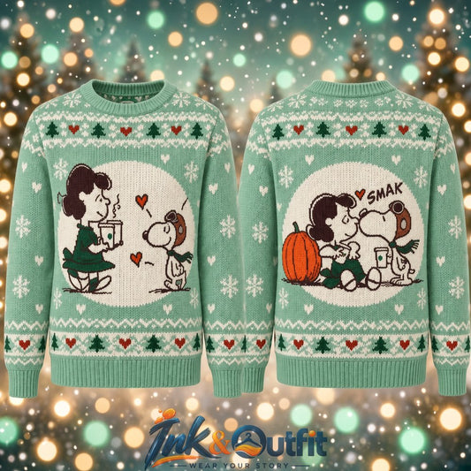 Peanuts Snoopy and Lucy Coffee Date Ugly Christmas Sweater