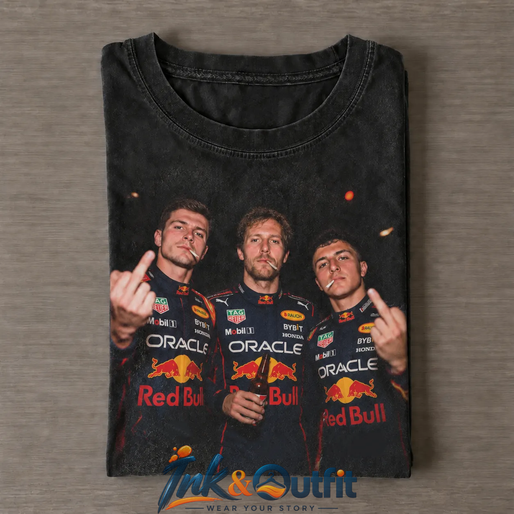 Red Bull Racing Max Verstappen Sergio Perez and Sebastian Vettel Vintage Formula One Beer and Smoking Graphic T Shirt
