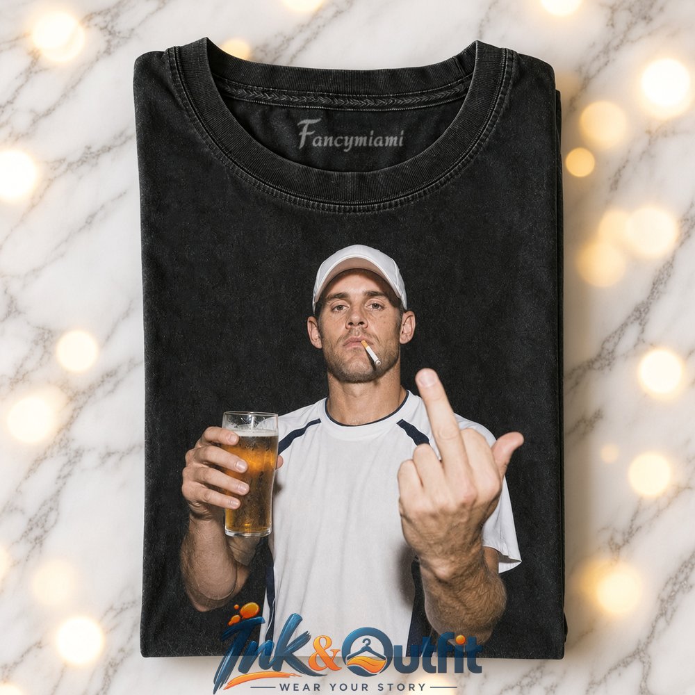 Andy Roddick x Drinking Middle Finger T-Shirt  Vintage Tennis Attitude Photo Graphic Tee
