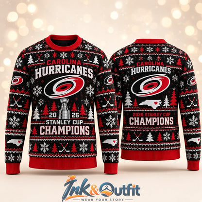 Carolina Hurricanes 2026 Stanley Cup Champions Ugly Christmas Sweater