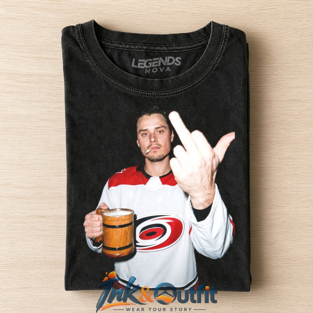 Carolina Hurricanes x Sebastian Aho Drinking Middle Finger Tee  Vintage Hockey Attitude Graphic T-Shirt