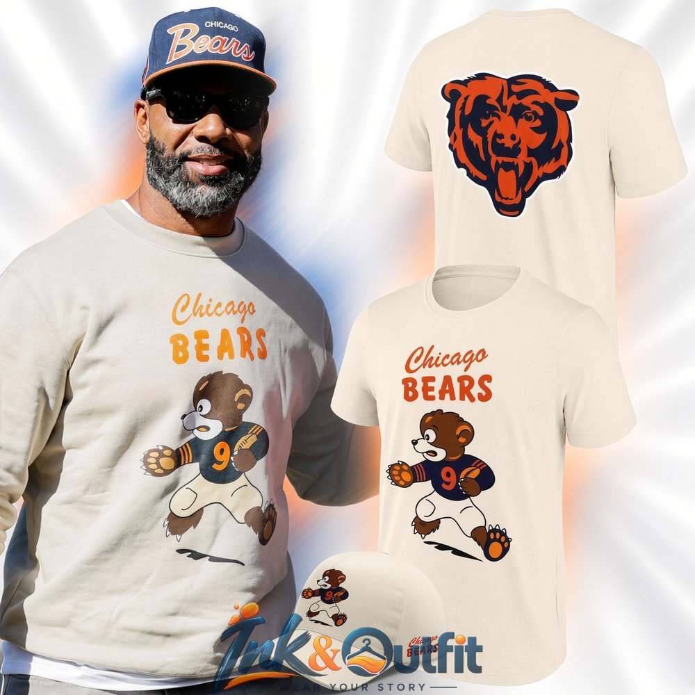 Chicago Bears Cute Football Bear Number 9 Vintage Graphic Cream T Shirt Sweatshirt
