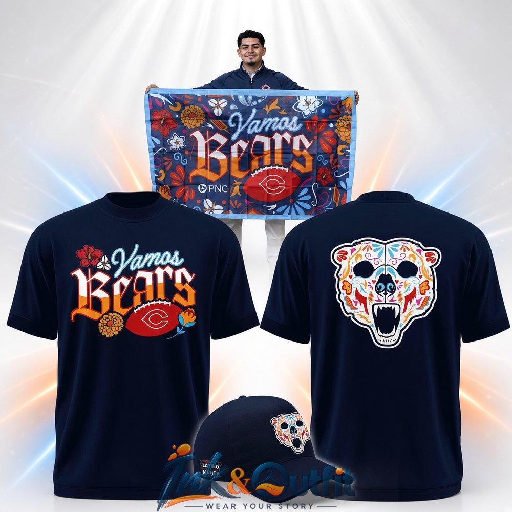 Chicago Bears Vamos Bears Latino Heritage Month Sugar Skull Navy Blue Graphic T Shirt Front and Back Design