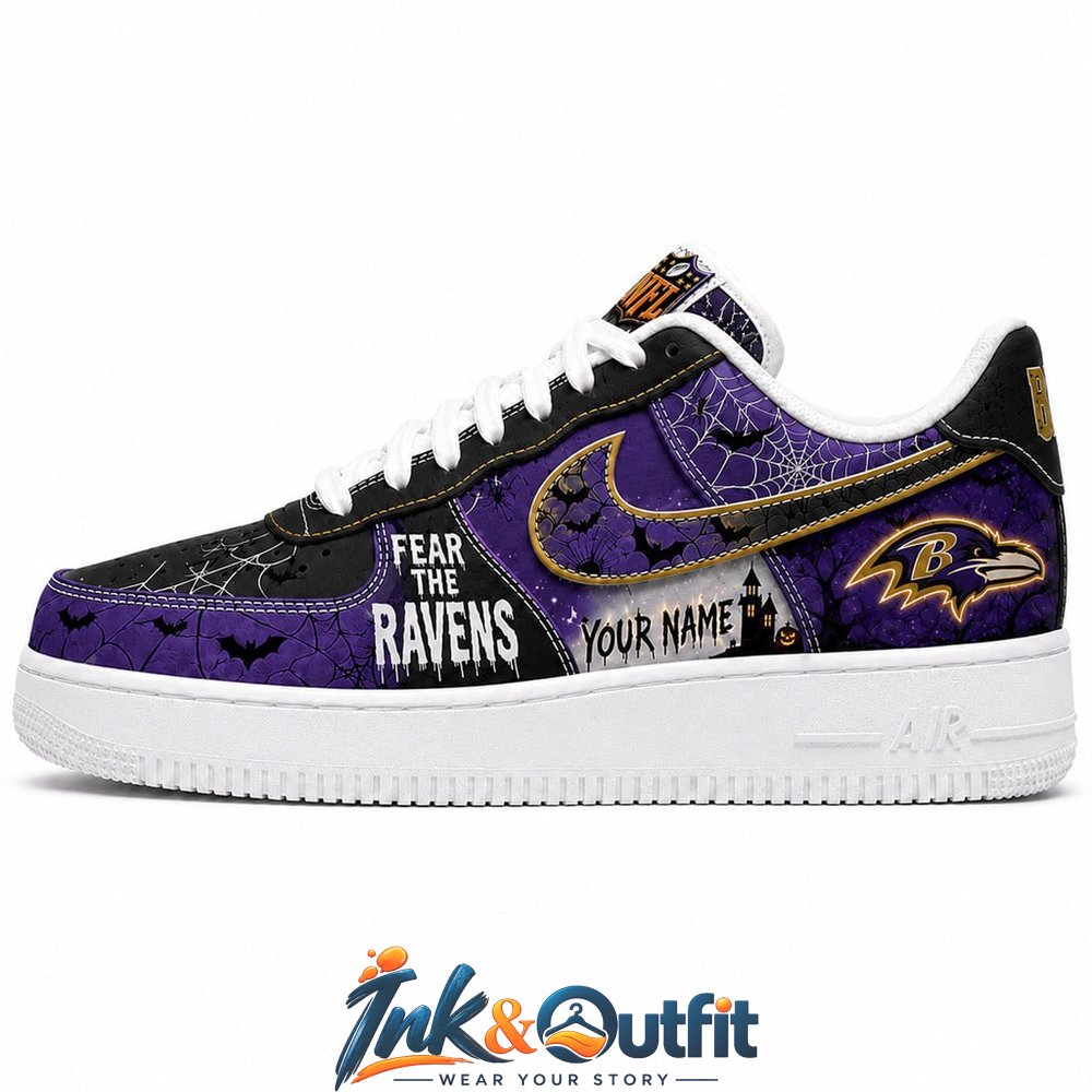 Custom Baltimore Ravens Fear The Ravens Halloween Sneakers  Personalized Name NFL Fan Shoes