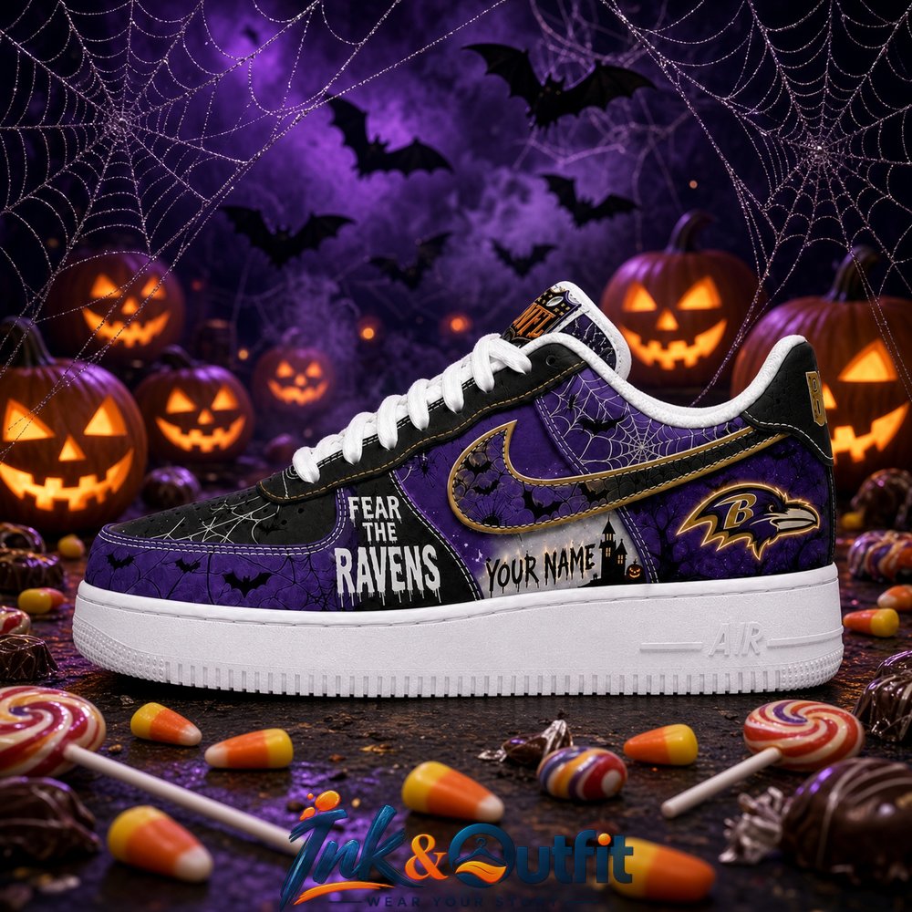 Custom Baltimore Ravens Fear The Ravens Halloween Sneakers  Personalized Name NFL Fan Shoes