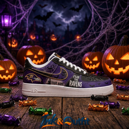 Custom Baltimore Ravens Fear The Ravens Halloween Sneakers  Personalized Name NFL Fan Shoes