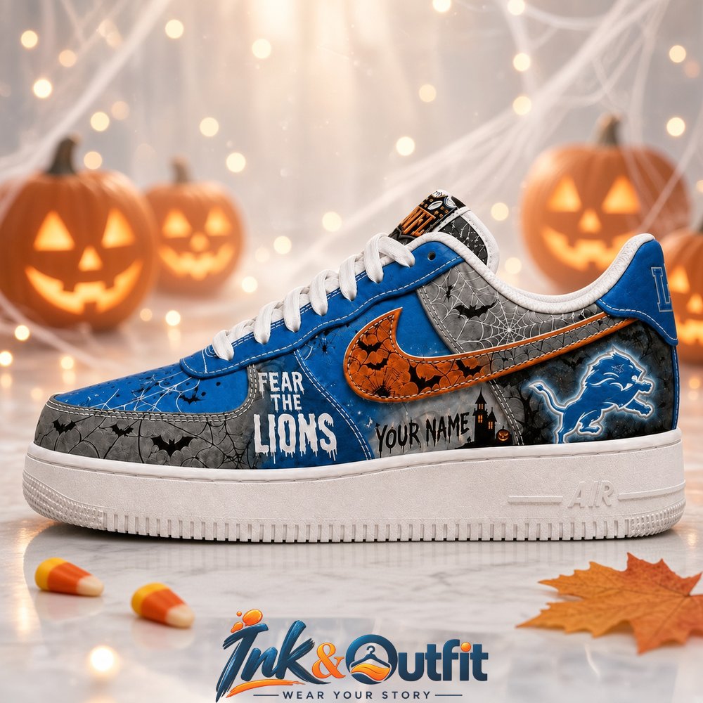 Custom Detroit Lions Fear The Lions Halloween Sneakers  Personalized Name NFL Fan Shoes