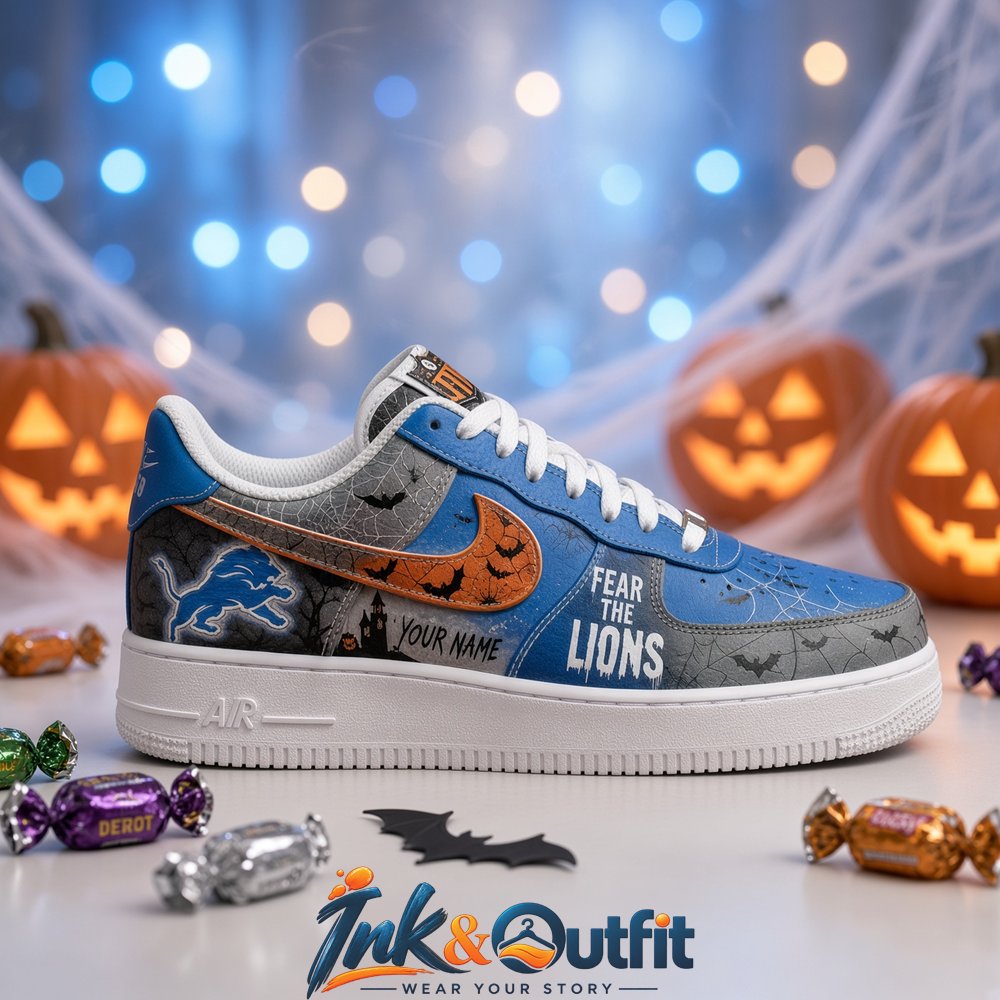 Custom Detroit Lions Fear The Lions Halloween Sneakers  Personalized Name NFL Fan Shoes