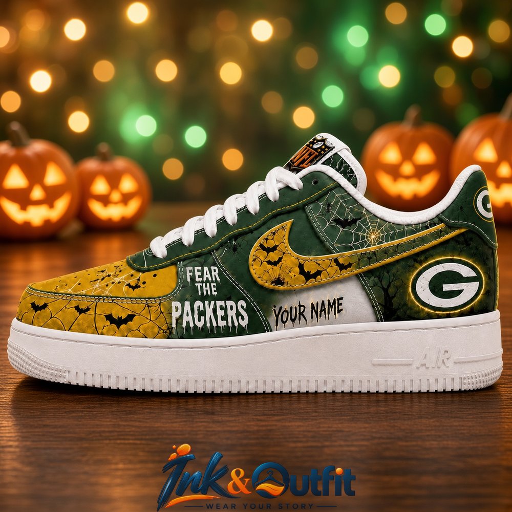 Custom Green Bay Packers Fear The Packers Halloween Sneakers  Personalized Name NFL Fan Shoes