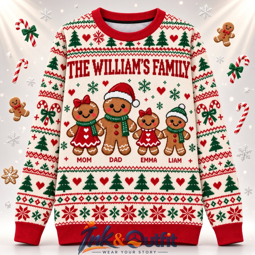 Custom Name Gingerbread Family Christmas Sweater