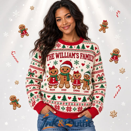 Custom Name Gingerbread Family Christmas Sweater
