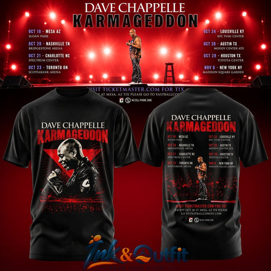 Dave Chappelle Karmageddon North America Graphic Shirt  Official Comedy Tour Merch with Dates