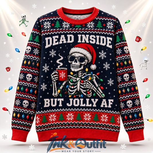 Dead Inside But Jolly AF Skeleton 2026 Christmas Ugly Sweater