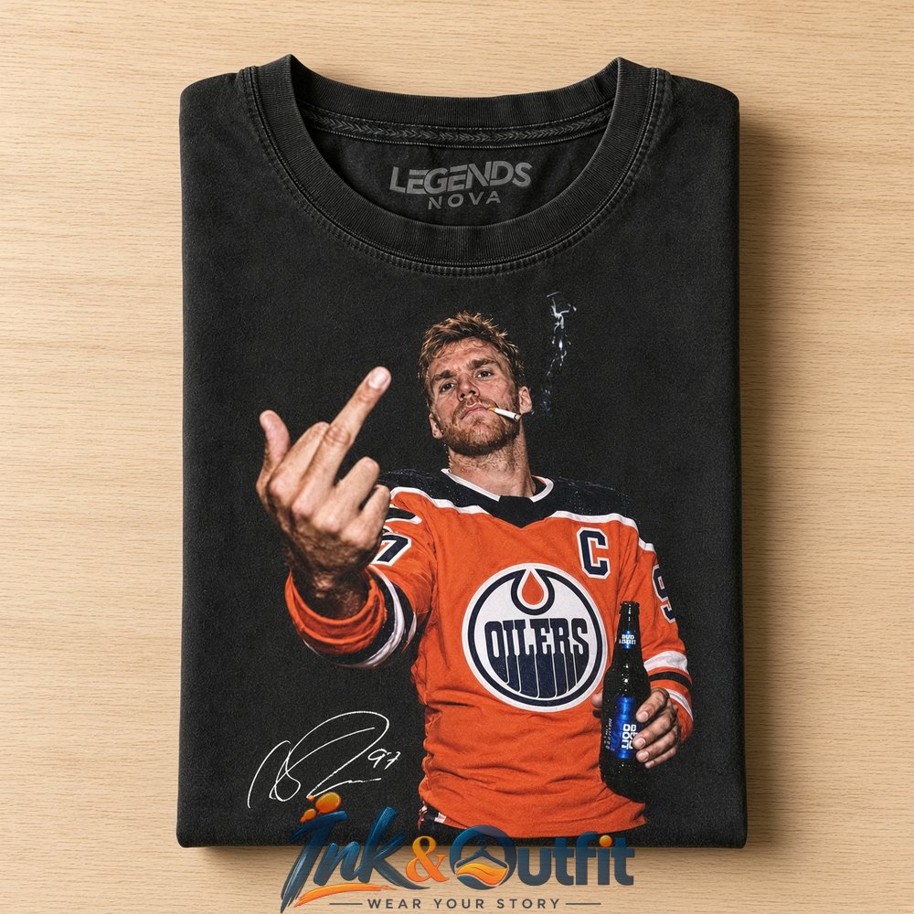 Edmonton Oilers x Connor McDavid Smoking Middle Finger Tee  Vintage Hockey Attitude Graphic T-Shirt