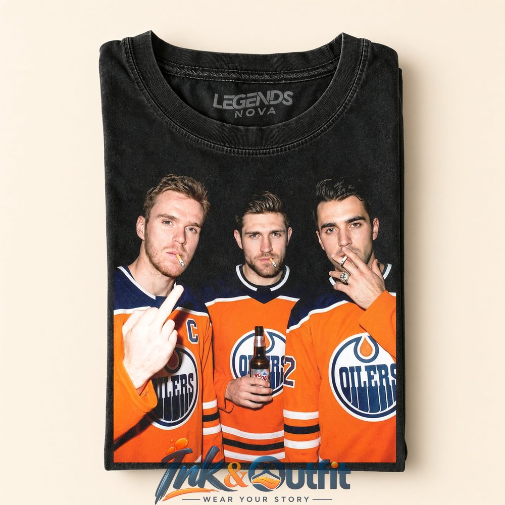 Edmonton Oilers x Connor McDavid x Leon Draisaitl x Evan Bouchard Smoking Drinking Middle Finger Tee  Vintage Hockey Attitude Graphic T-Shirt