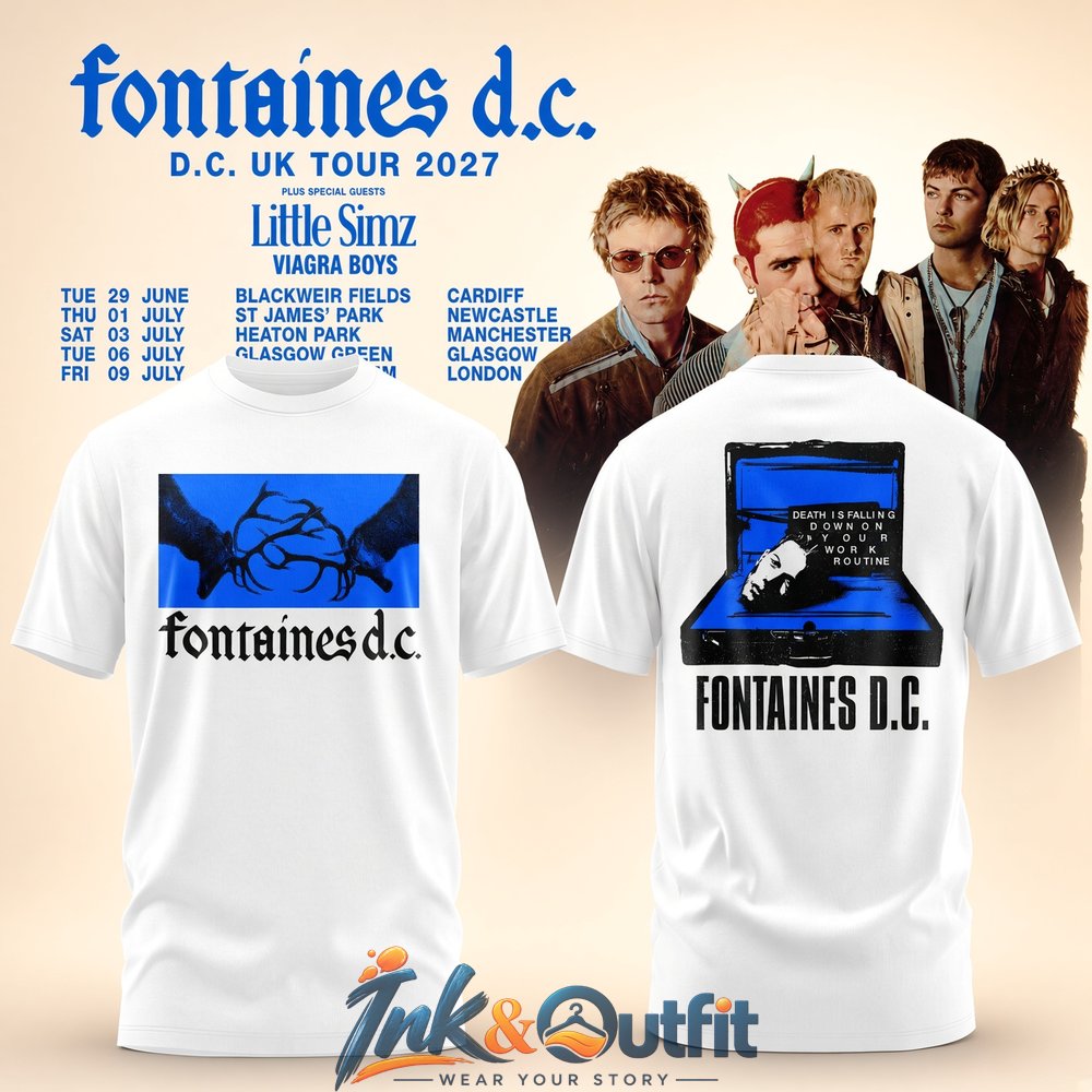Fontaines DC UK Tour 2027 White T Shirt Blue Graphic Front and Back Print Indie Rock Band Tee