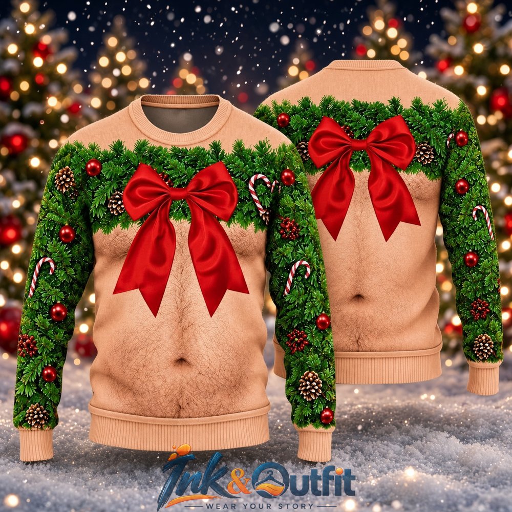 Funny Hairy Chest Wreath Ugly Christmas Sweater