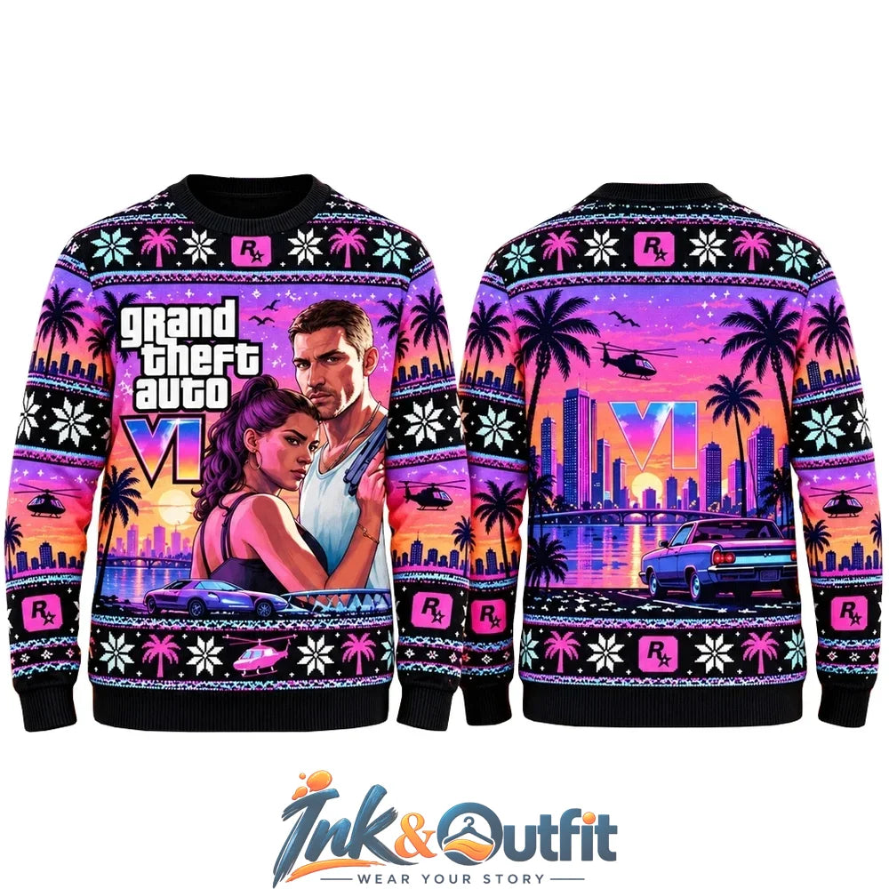 Grand Theft Auto 6 Vice City Sunset Ugly Christmas Sweater