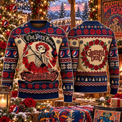 Grateful Dead Skeleton Roses Christmas Ugly Sweater