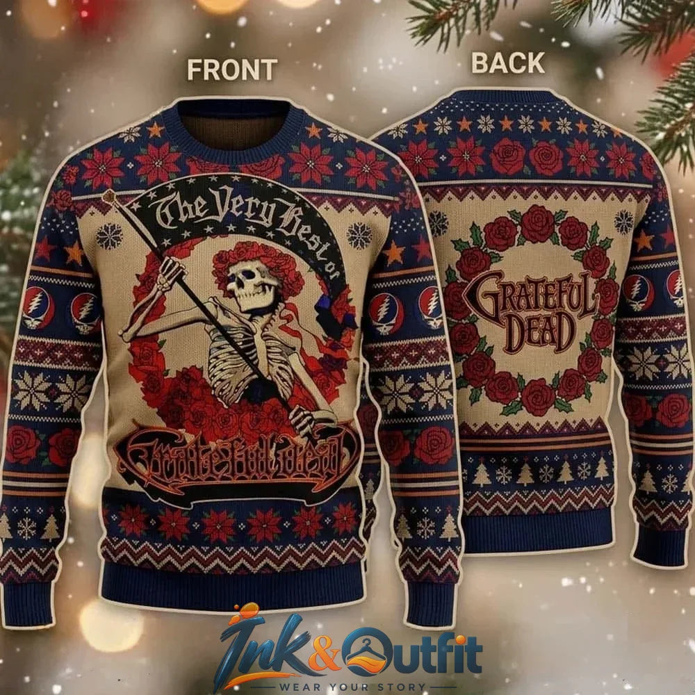 Grateful Dead Skeleton Roses Christmas Ugly Sweater