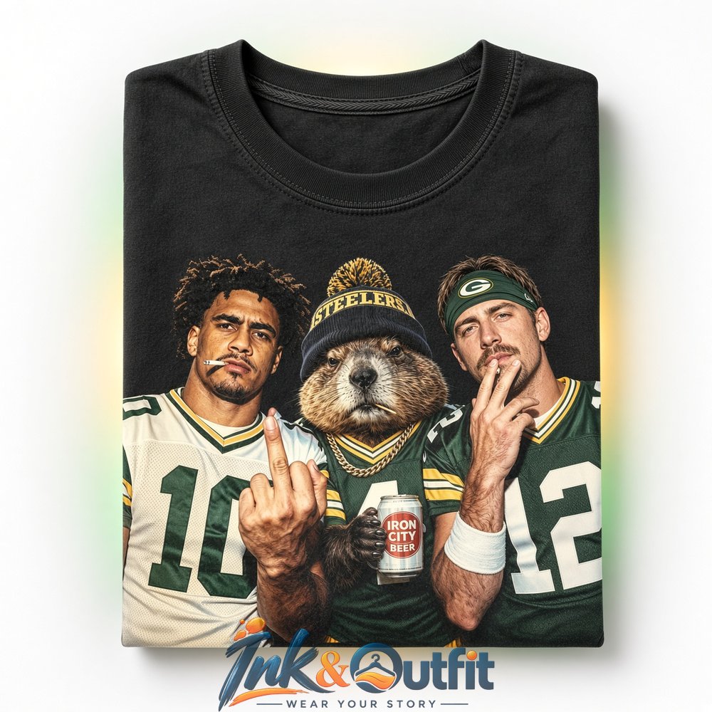 Green Bay Packers x Jordan Love x Aaron Rodgers Smoking Drinking Middle Finger Tee  Vintage Football Attitude Graphic T-Shirt