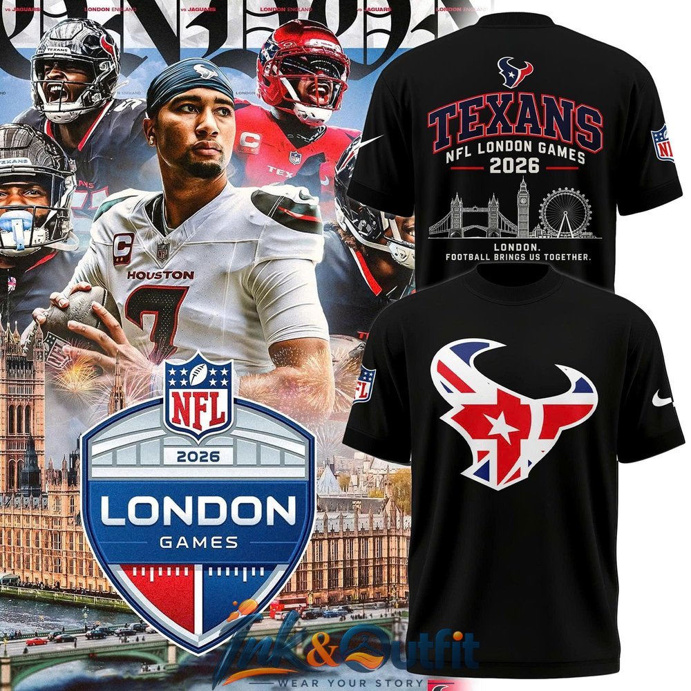 Houston Texans NFL London 2026 Black T Shirt with Team Logo