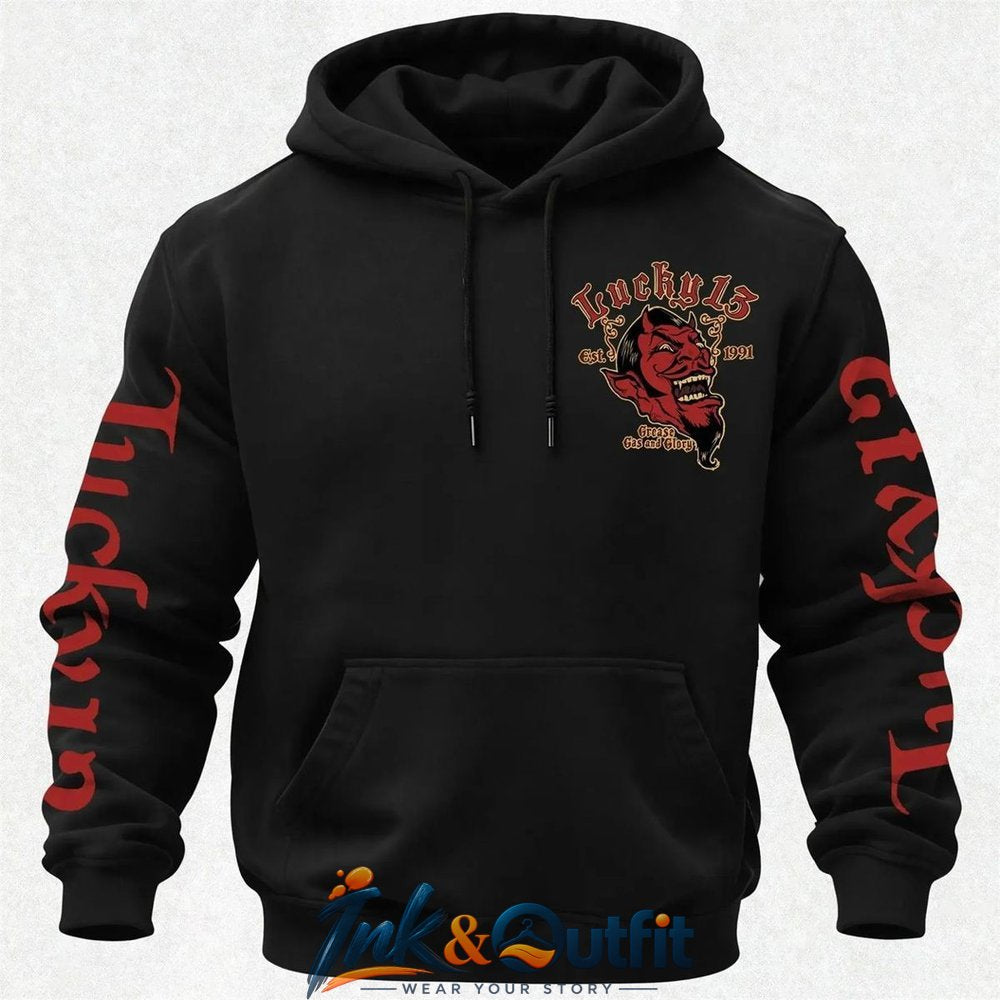 Lucky Thirteen Est Nineteen Ninety One Grease Gas And Hoodie