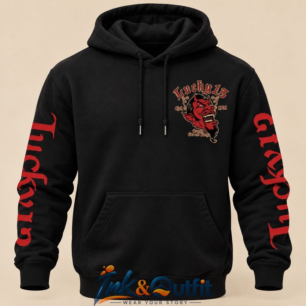 Lucky Thirteen Est Nineteen Ninety One Grease Gas And Hoodie