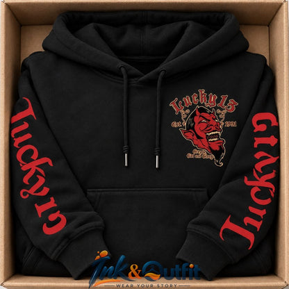 Lucky Thirteen Est Nineteen Ninety One Grease Gas And Hoodie