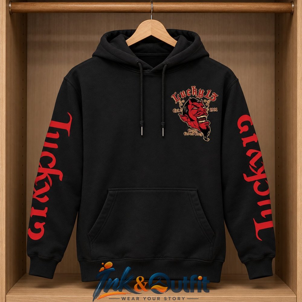 Lucky Thirteen Est Nineteen Ninety One Grease Gas And Hoodie