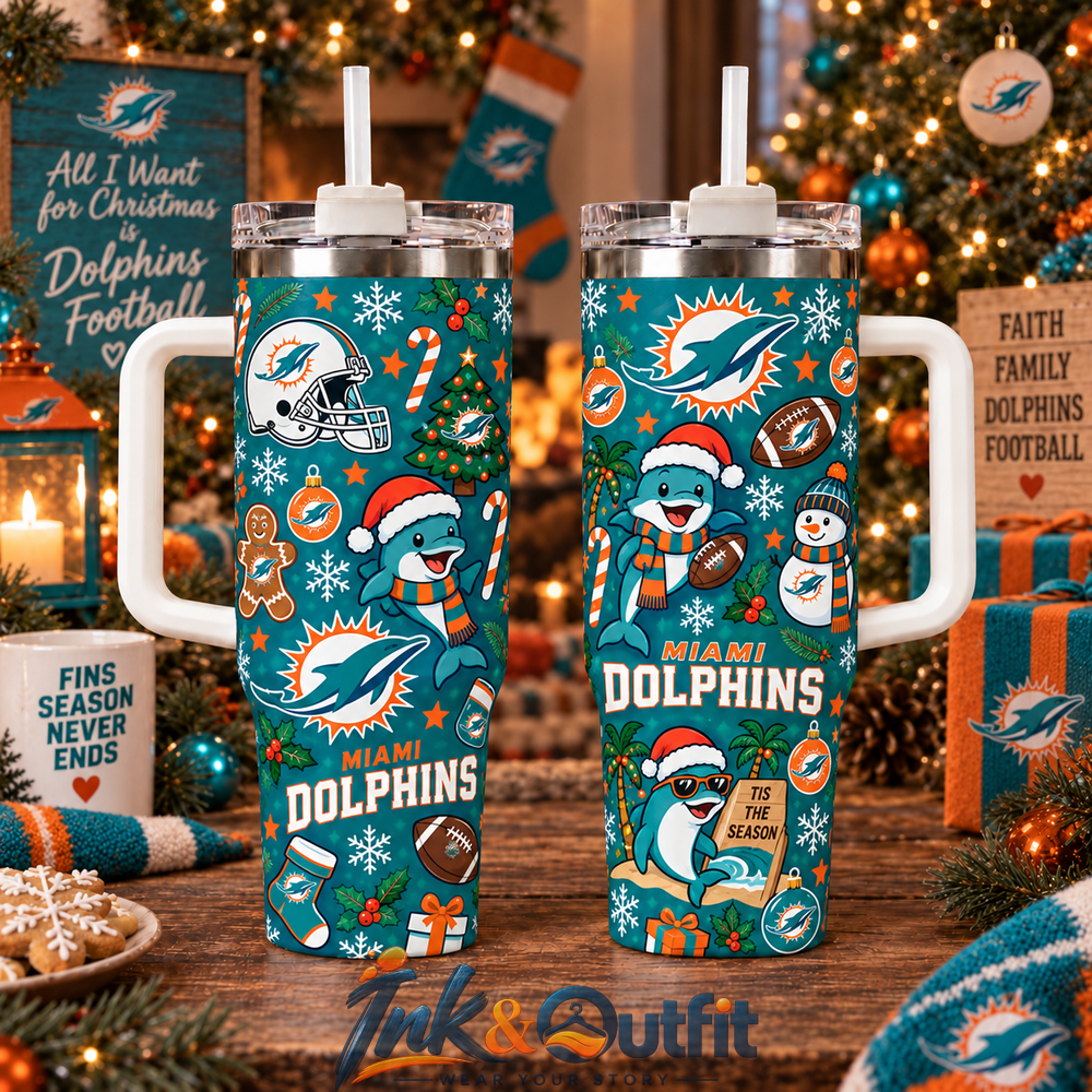 Miami Dolphins Christmas Tumbler 40oz With Handle Football Fan Holiday Gift