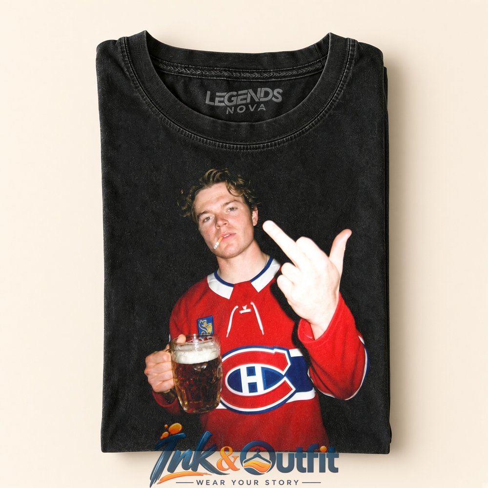 Montreal Canadiens x Cole Caufield Drinking Middle Finger Tee  Vintage Hockey Attitude Graphic T-Shirt