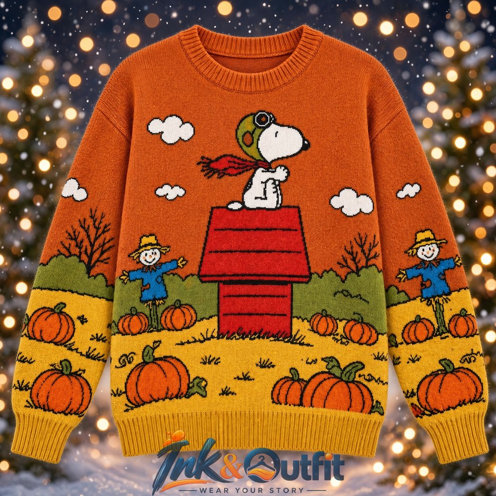 Peanuts Snoopy Flying Ace Pumpkin Patch Ugly Sweater