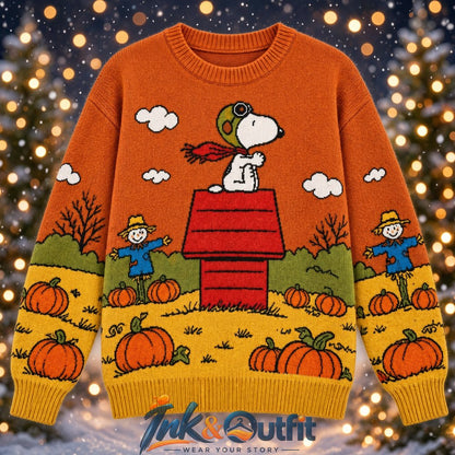 Peanuts Snoopy Flying Ace Pumpkin Patch Ugly Sweater