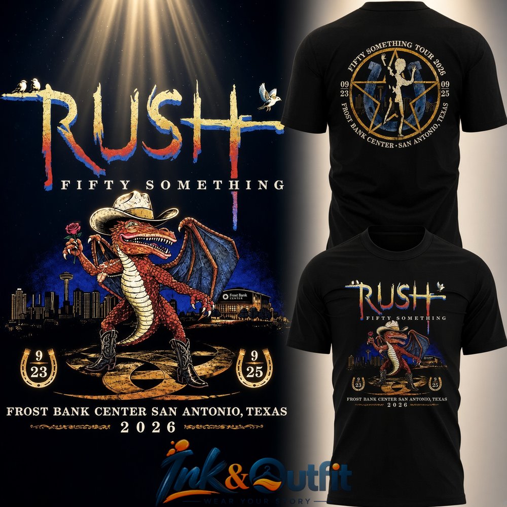 Rush Fifty Something Tour 2026 San Antonio Texas Dragon Graphic Black T Shirt Front and Back Design