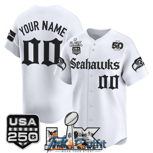 Seattle Seahawks Super Bowl LX 50th Patch Gothic Custom Baseball Jersey