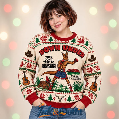 Tyler Childers Snipe Hunt Tour 2026 Kangaroo Boxing Ugly Christmas Sweater  Down Under They Don't Take To Whisperin' Nothings Holiday Knit
